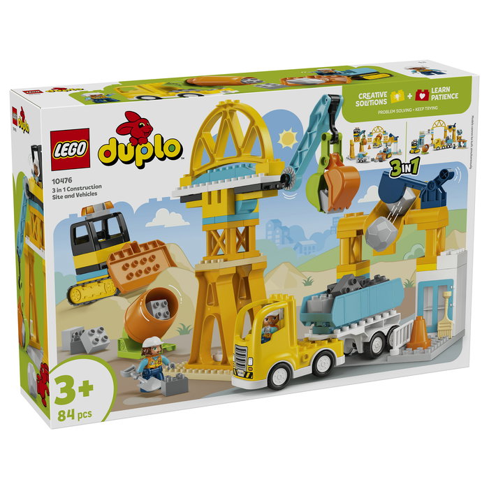 LEGO DUPLO 10476 Obra y Vehículos de Construcción 3 en 1 Set de Construcción con 84 Piezas y 2 Figuras, Edad 3+ Años