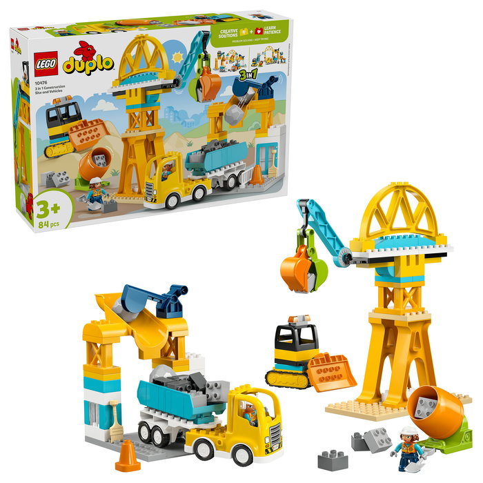 LEGO DUPLO 10476 Obra y Vehículos de Construcción 3 en 1 Set de Construcción con 84 Piezas y 2 Figuras, Edad 3+ Años