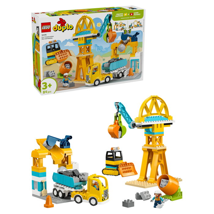 LEGO DUPLO 10476 Obra y Vehículos de Construcción 3 en 1 Set de Construcción con 84 Piezas y 2 Figuras, Edad 3+ Años