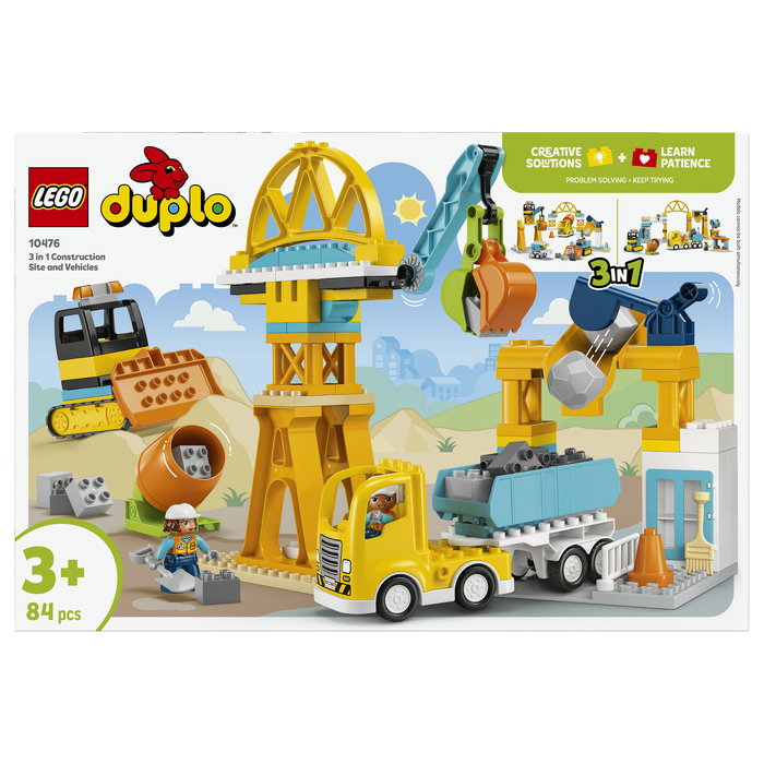 LEGO DUPLO 10476 Obra y Vehículos de Construcción 3 en 1 Set de Construcción con 84 Piezas y 2 Figuras, Edad 3+ Años