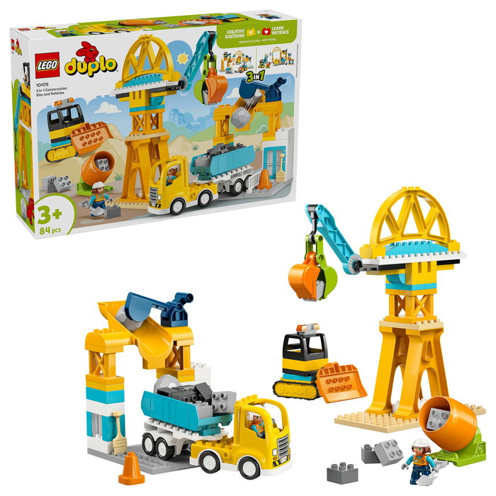 LEGO DUPLO 10476 Obra y Vehículos de Construcción 3 en 1 Set de Construcción con 84 Piezas y 2 Figuras, Edad 3+ Años