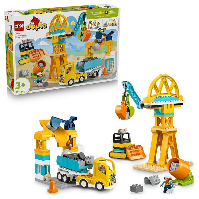 LEGO DUPLO 10476 Obra y Vehículos de Construcción 3 en 1 Set de Construcción con 84 Piezas y 2 Figuras, Edad 3+ Años