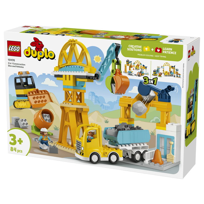 LEGO DUPLO 10476 Obra y Vehículos de Construcción 3 en 1 Set de Construcción con 84 Piezas y 2 Figuras, Edad 3+ Años