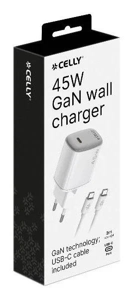 Celly UPTC1USBC45WCTC - Cargador de Pared 45W con Cable USB-C 2m, Tecnología GaN, Carga Rápida, Blanco, Compatible con Smartphone y Tableta