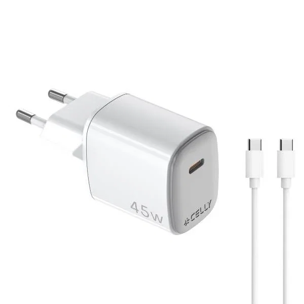 Celly UPTC1USBC45WCTC - Cargador de Pared 45W con Cable USB-C 2m, Tecnología GaN, Carga Rápida, Blanco, Compatible con Smartphone y Tableta