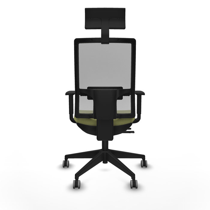 Silla de oficina Horna con mecanismo Sincro/Traslack tapizada con Tela color Verde oliva y malla color Gris. Equipada con lumbar 1D, Brazos 1D, Cabecero Fijo y Ruedas 65 mm parqué