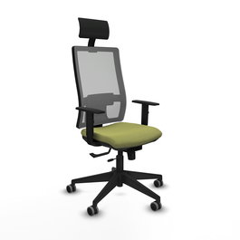 Silla de oficina Horna con mecanismo Sincro/Traslack tapizada con Tela color Verde oliva y malla color Gris. Equipada con lumbar 1D, Brazos 1D, Cabecero Fijo y Ruedas 65 mm parqué