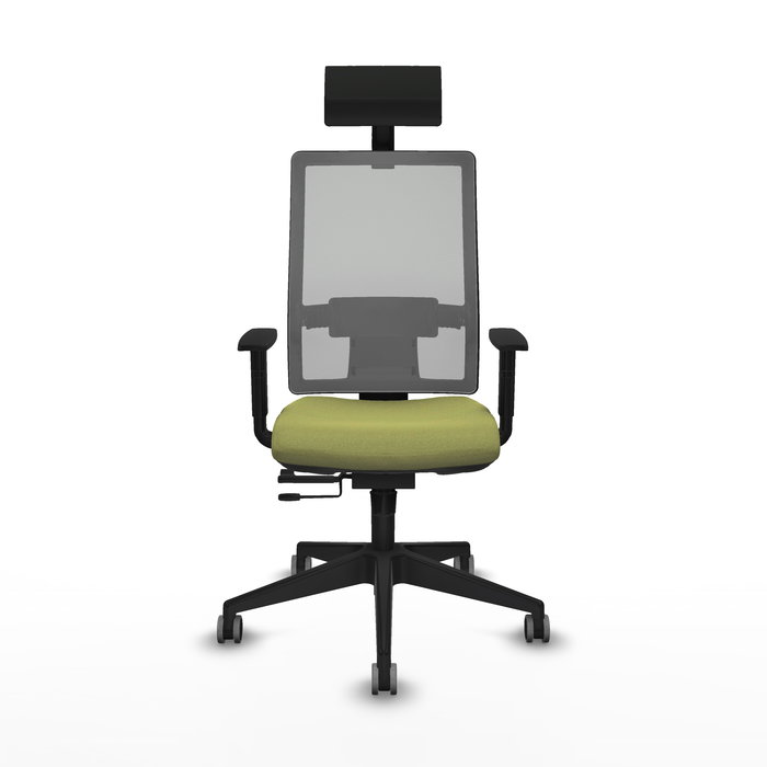 Silla de oficina Horna con mecanismo Sincro/Traslack tapizada con Tela color Verde oliva y malla color Gris. Equipada con lumbar 1D, Brazos 1D, Cabecero Fijo y Ruedas 65 mm parqué