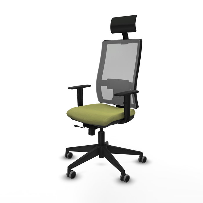 Silla de oficina Horna con mecanismo Sincro/Traslack tapizada con Tela color Verde oliva y malla color Gris. Equipada con lumbar 1D, Brazos 1D, Cabecero Fijo y Ruedas 65 mm parqué