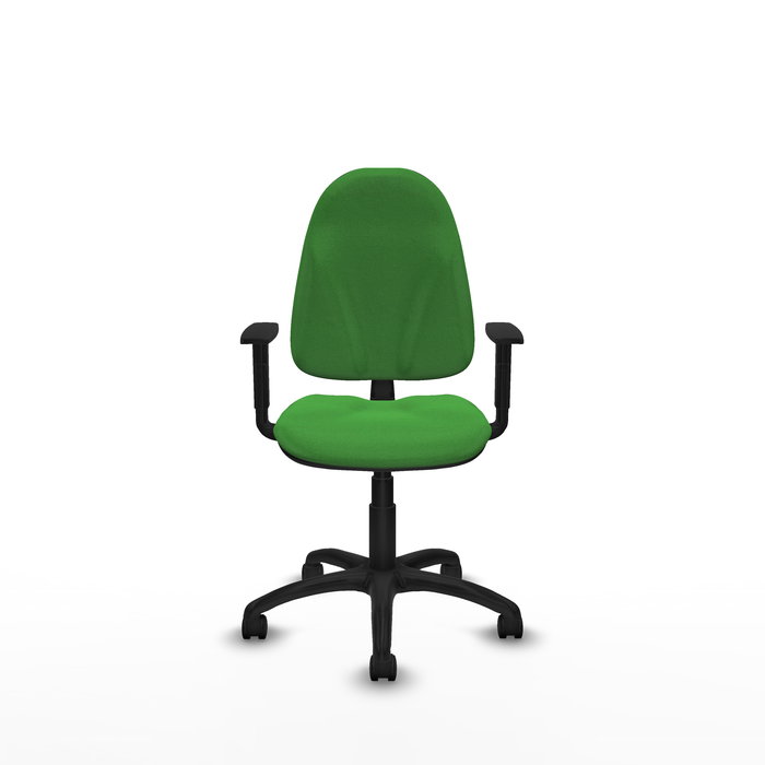 Silla de oficina Algarra con mecanismo Contacto permanente básico tapizada con Tela color Verde. Equipada con Base poliamida negra, Brazos 1D y Ruedas de nailon 50 mm