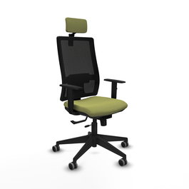 Silla de oficina Horna con mecanismo Sincro/Traslack tapizada con Tela color Verde oliva y malla color Negro. Equipada con lumbar 1D, Brazos 1D, Cabecero 2D y Ruedas 65 mm parqué