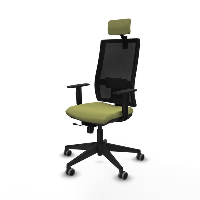 Silla de oficina Horna con mecanismo Sincro/Traslack tapizada con Tela color Verde oliva y malla color Negro. Equipada con lumbar 1D, Brazos 1D, Cabecero 2D y Ruedas 65 mm parqué