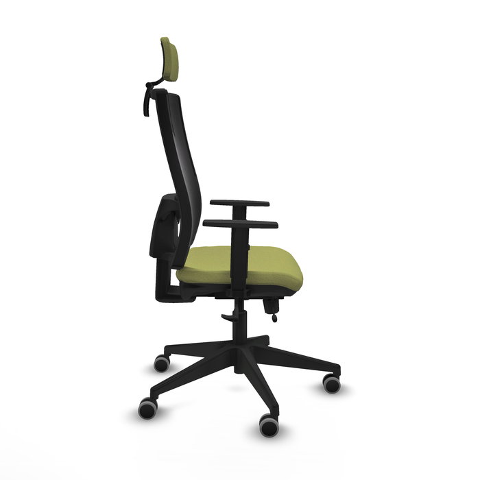 Silla de oficina Horna con mecanismo Sincro/Traslack tapizada con Tela color Verde oliva y malla color Negro. Equipada con lumbar 1D, Brazos 1D, Cabecero 2D y Ruedas 65 mm parqué