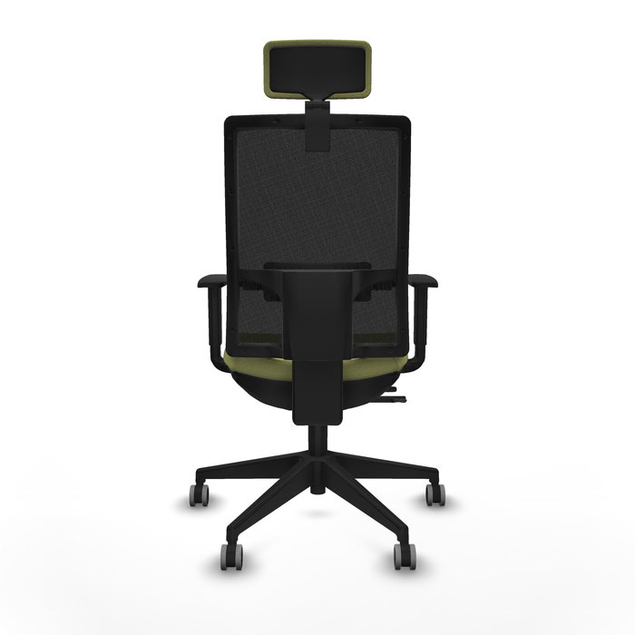 Silla de oficina Horna con mecanismo Sincro/Traslack tapizada con Tela color Verde oliva y malla color Negro. Equipada con lumbar 1D, Brazos 1D, Cabecero 2D y Ruedas 65 mm parqué