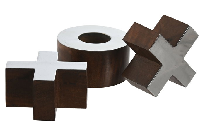 DKD Home Decor Juego Colonial Tic Tac Toe, Tablero de Madera Sheesham y Latón Marrón Plateado, 25.7 x 25.7 x 4 cm (2 Unidades)