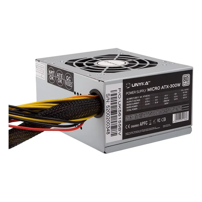UNYKAch Fuente de Alimentación 52002 SFX 300W 85% Eficiencia, ATX 20+4 Pin, Protección OVP/OCP/SCP, Ventilador 8cm, Plata