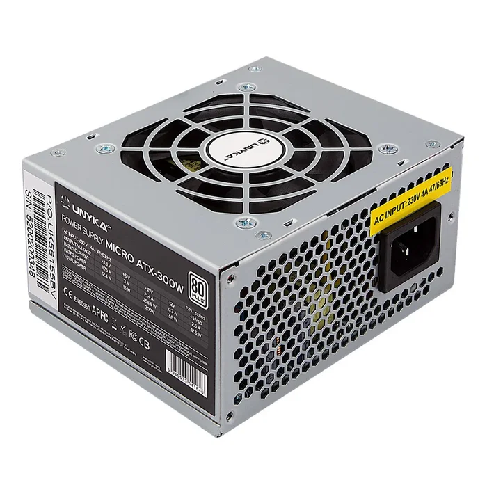 UNYKAch Fuente de Alimentación 52002 SFX 300W 85% Eficiencia, ATX 20+4 Pin, Protección OVP/OCP/SCP, Ventilador 8cm, Plata