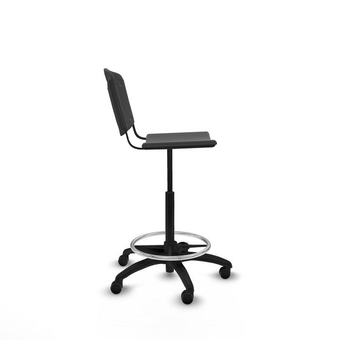 Taburete Robledo con mecanismo Giratorio de PVC color Negro. Equipado con Base poliamida negra, Sin brazos y Ruedas de parqué