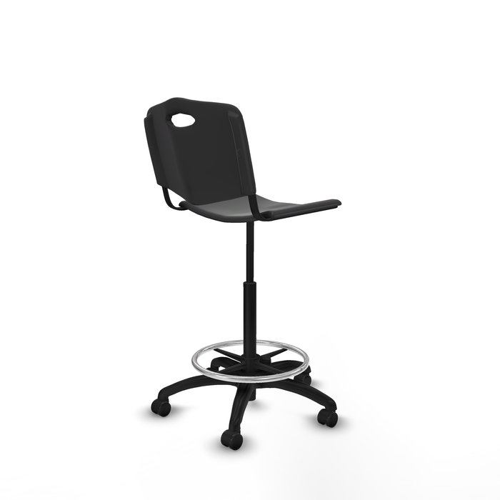 Taburete Robledo con mecanismo Giratorio de PVC color Negro. Equipado con Base poliamida negra, Sin brazos y Ruedas de parqué