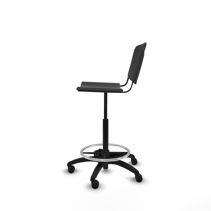 Taburete Robledo con mecanismo Giratorio de PVC color Negro. Equipado con Base poliamida negra, Sin brazos y Ruedas de parqué