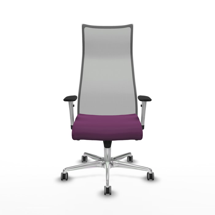 Sillón Albacete con mecanismo Sincro tapizada con Similpiel color Morado y malla color Gris. Equipado con Base aluminio, Brazos 1D y Ruedas 65 mm parqué