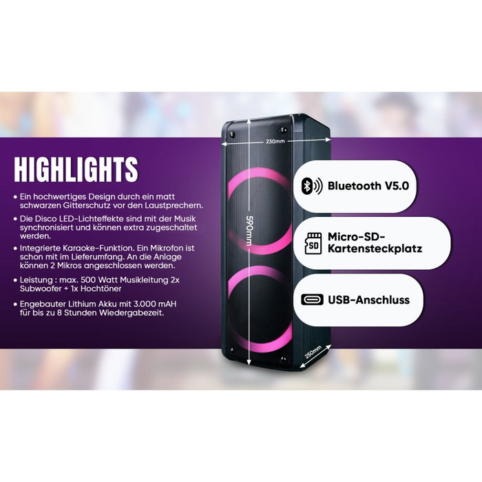 Reflexion PS09BT Altavoz portátil para fiestas 500 W Negro