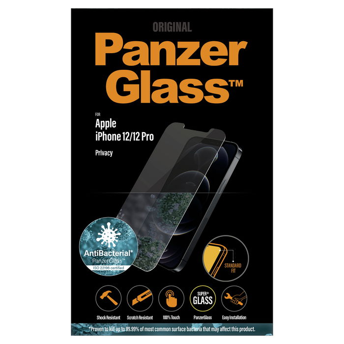 PanzerGlass Protector de Pantalla de Privacidad Vidrio Templado para Apple iPhone 12 y 12 Pro, Standard Fit, Aplicación en Seco, Anti-Huellas, Tecnología Super+