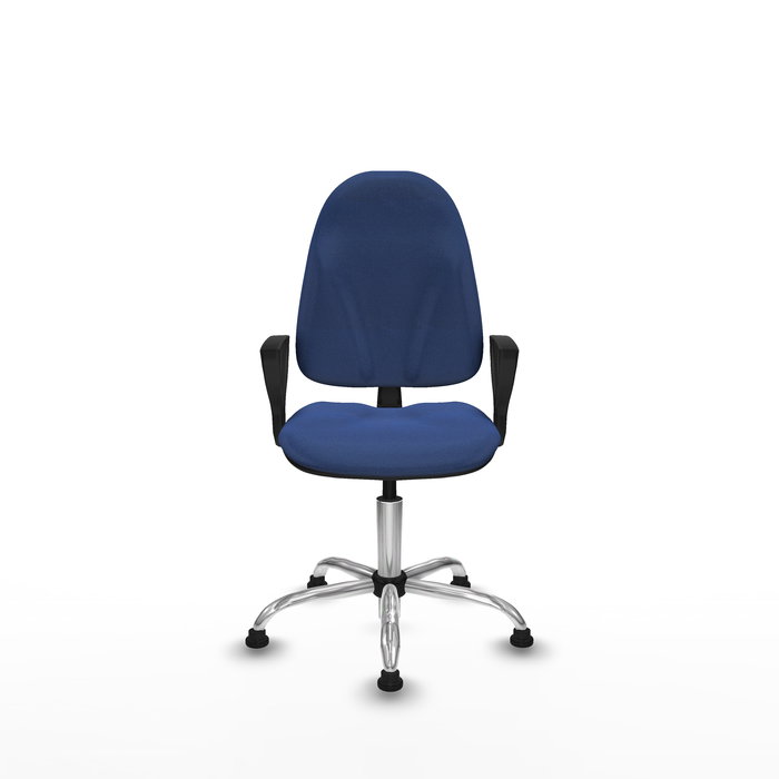 Silla de oficina Algarra con mecanismo Contacto permanente básico tapizada con Tela color Azul marino. Equipada con Base cromada, Brazos fijosy Topes