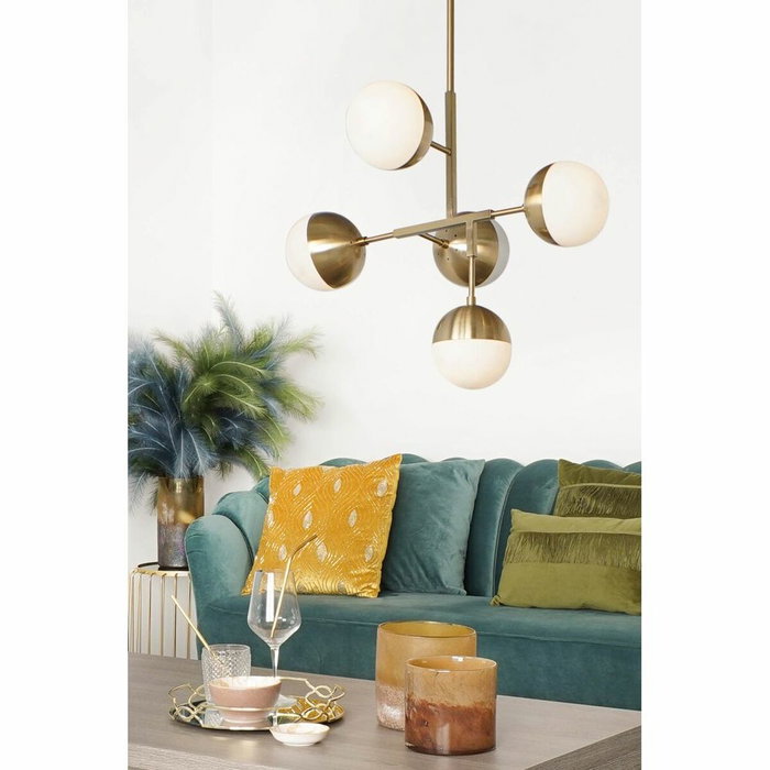 DKD Home Decor Lámpara de Techo de Metal y Cristal con 5 Bolas, Dorado y Blanco