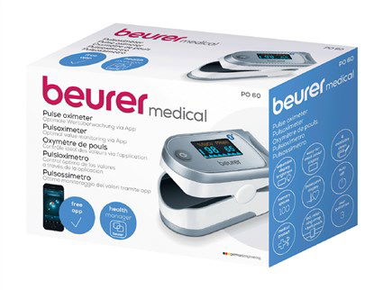 Beurer Pulsioxímetro PO-60 con Bluetooth para Medición de Oxígeno en Sangre y Frecuencia Cardíaca