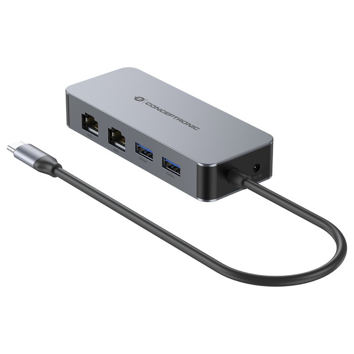 Conceptronic ABBY24G Hub USB-C 2 puertos Gigabit Ethernet 2 puertos USB-A 3.2 Gen 1 5 Gbps 0.3m Gris