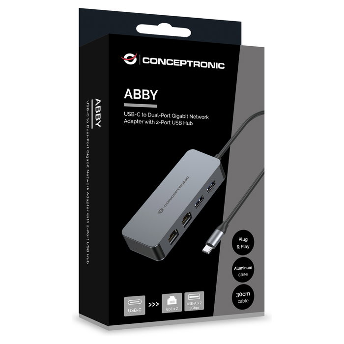 Conceptronic ABBY24G Hub USB-C 2 puertos Gigabit Ethernet 2 puertos USB-A 3.2 Gen 1 5 Gbps 0.3m Gris