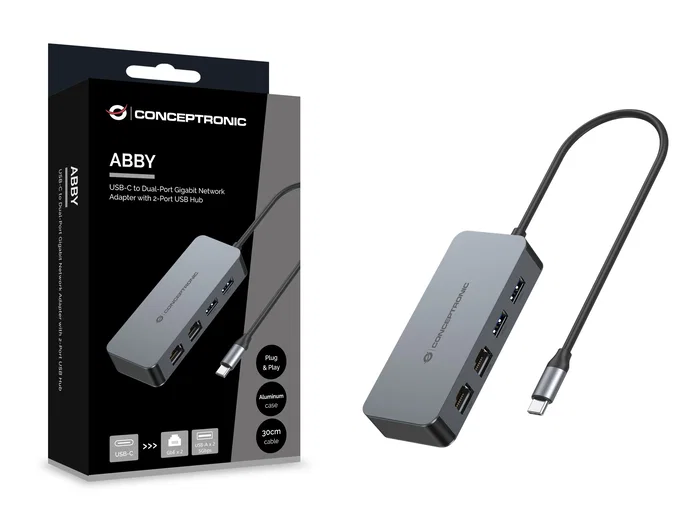 Conceptronic ABBY24G Adaptador USB-C con 2 puertos Ethernet Gigabit y 2 puertos USB 3.2 Gen 1 Conceptronic ABBY24G Adaptador USB-C con 2 puertos Ethernet Gigabit y 2 puertos USB 3.2 Gen 1