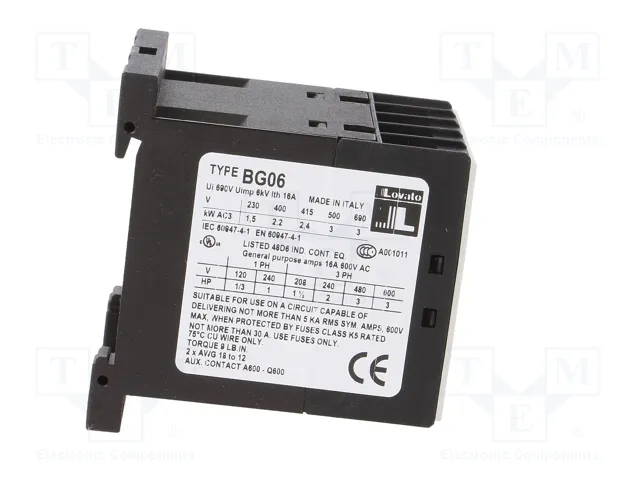 LOVATO ELECTRIC Contactor BG 3-polar 6A 230VAC LOVATO ELECTRIC Contactor BG 3-polar 6A 230VAC