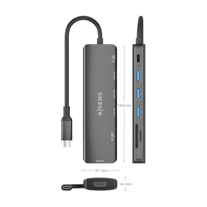 Aisens USB-C Dock 7 en 1 ASUC-7P025-GR Gris