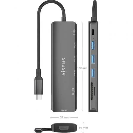 Aisens ASUC-7P025-GR Docking USB Tipo-C, 7 en 1 con HDMI 4K, 3xUSB-A, 1xUSB-C PD 100W, Lector SD/Micro SD, Gris Aisens ASUC-7P025-GR Docking USB Tipo-C, 7 en 1 con HDMI 4K, 3xUSB-A, 1xUSB-C PD 100W, Lector SD/Micro SD, Gris