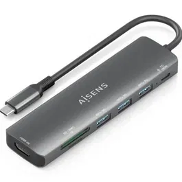 Aisens ASUC-7P025-GR Docking USB Tipo-C, 7 en 1 con HDMI 4K, 3xUSB-A, 1xUSB-C PD 100W, Lector SD/Micro SD, Gris