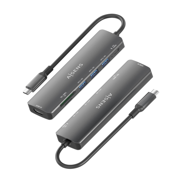 Aisens ASUC-7P025-GR Docking USB Tipo-C, 7 en 1 con HDMI 4K, 3xUSB-A, 1xUSB-C PD 100W, Lector SD/Micro SD, Gris