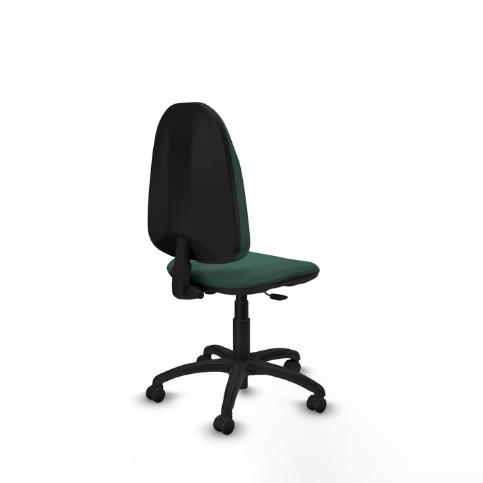 Silla de oficina Algarra con mecanismo Contacto permanente básico tapizada con Tela color Verde botella. Equipada con Base poliamida negra, Sin brazos y Ruedas autofrenantes