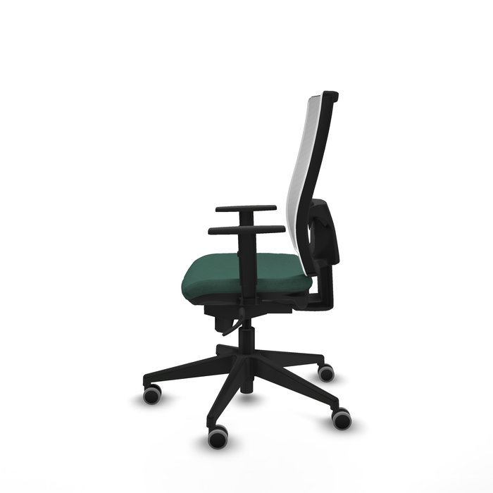 Silla de oficina Horna con mecanismo Sincro tapizada con Tela color Verde botella y malla color Blanco. Equipada con lumbar 1D, Brazos 1D y Ruedas 65 mm parqué