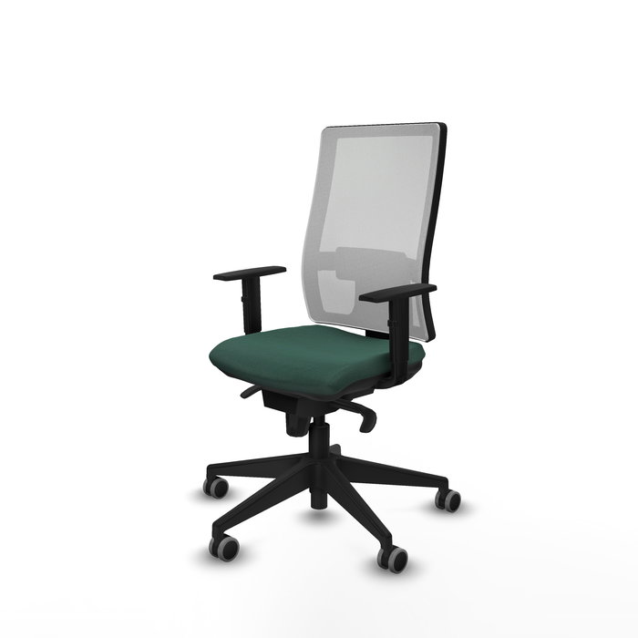 Silla de oficina Horna con mecanismo Sincro tapizada con Tela color Verde botella y malla color Blanco. Equipada con lumbar 1D, Brazos 1D y Ruedas 65 mm parqué