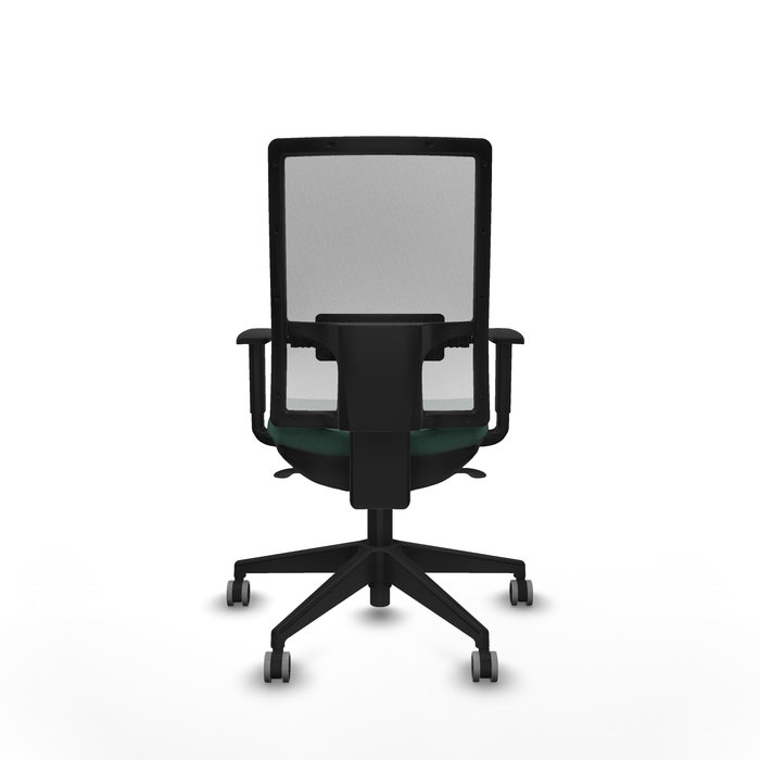 Silla de oficina Horna con mecanismo Sincro tapizada con Tela color Verde botella y malla color Blanco. Equipada con lumbar 1D, Brazos 1D y Ruedas 65 mm parqué