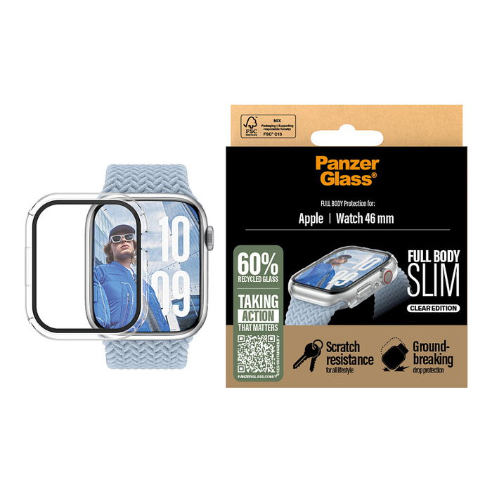 PanzerGlass Snappie - Protector de Pantalla Full Body Slim de Cristal Templado Transparente para Apple Watch Series 10 y Series 11 46mm