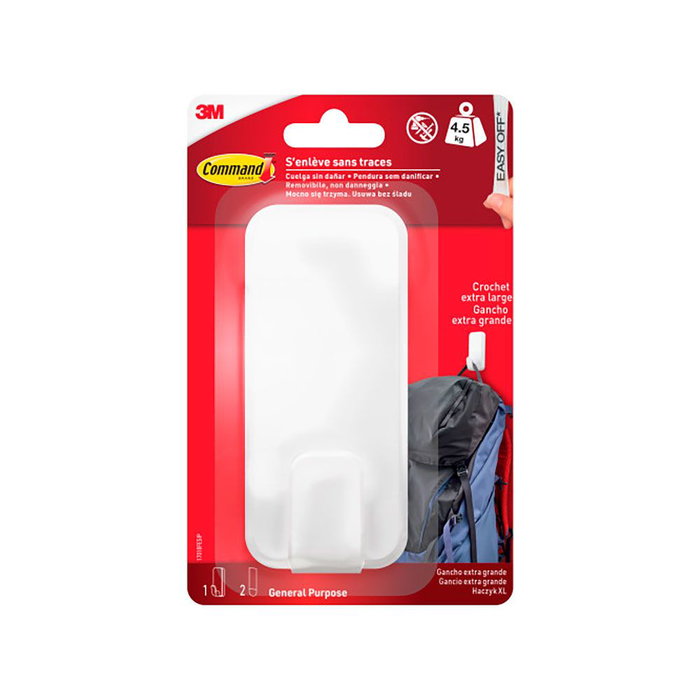 3M Command 17010fesip Gancho para utensilios Extragrande, Blanco, Carga máxima 4.5 kg - Incluye 1 gancho y 2 tiras de montaje