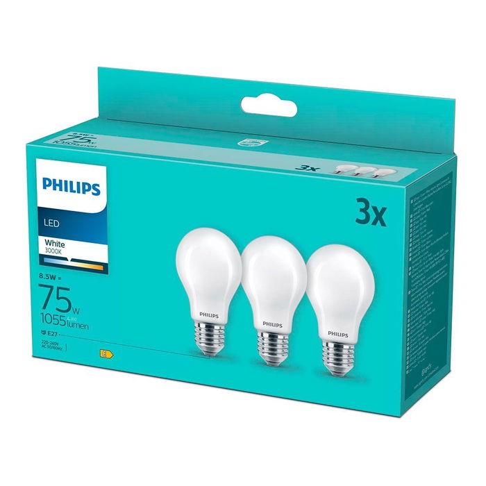 Philips Bombilla LED de Filamento Mate E27, 8.5W (equiv. 75W), 1055 lm, 3000K Luz Cálida, Pack de 3 Unidades Philips Bombilla LED de Filamento Mate E27, 8.5W (equiv. 75W), 1055 lm, 3000K Luz Cálida, Pack de 3 Unidades