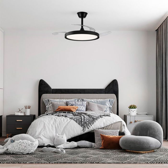 Polaris Ventilador de Techo con Luz LED 3CCT 43W 4430lm, Aspas Retráctiles Transparentes Ø106 cm, Motor DC, Mando a Distancia, 6 Velocidades, 3000-5700K, Negro