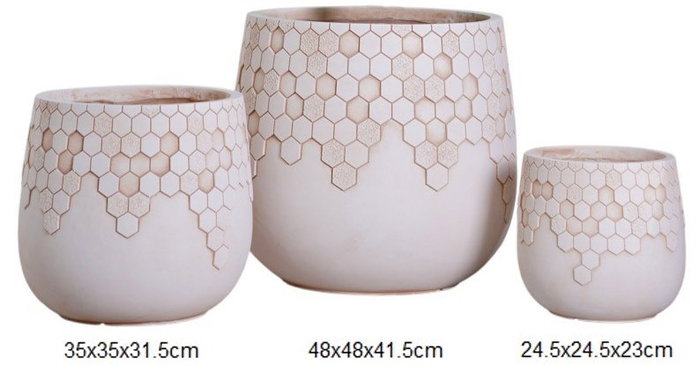 DKD Home Decor Set de 3 Maceteros de Fibra Arcilla Geométricos Crema