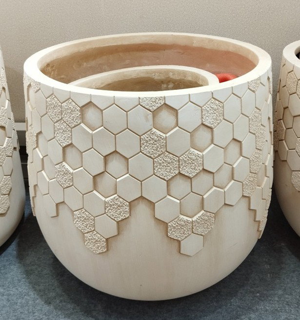 DKD Home Decor Set de 3 Maceteros de Fibra Arcilla Geométricos Crema