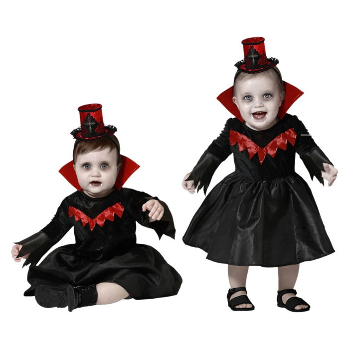Disfraz de Vampiresa Halloween Bebé Niña 6-12 Meses Negro con Detalles Rojos y Sombrero Mini Disfraz de Vampiresa Halloween Bebé Niña 6-12 Meses Negro con Detalles Rojos y Sombrero Mini