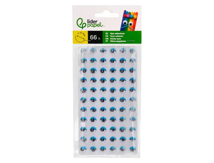 Liderpapel Ojos adhesivos de 10 mm con pupila negra y pestañas azules, pack de 66 unidades